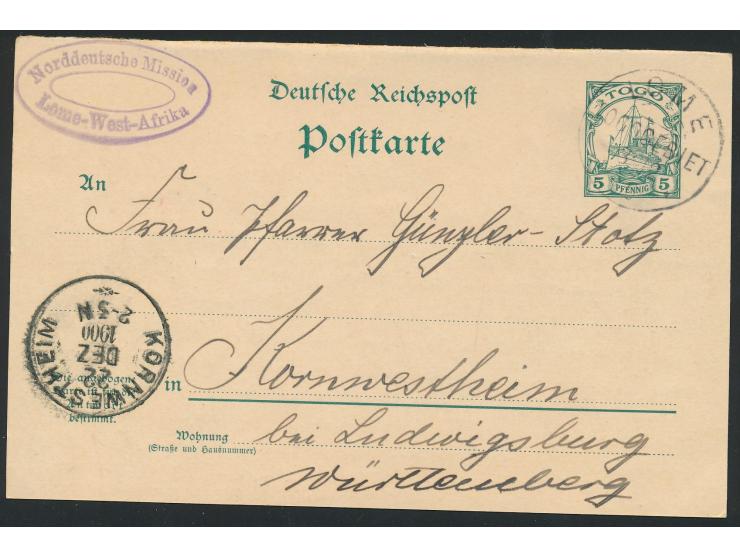 Ganzsachen-Frageteil mit Stempel  Lome  3.12.00 nach Kornwestheim, vorderseitig ovaler Absenderstempel und rückseitig L2  Nor