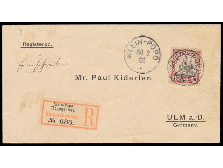 Einzelfrankatur 40 Pf. auf  Einschreibbrief  mit Stempel  Klein-Popo  30.3.01 an Kiderlen in Ulm (gedruckte Adresse), R-Zette