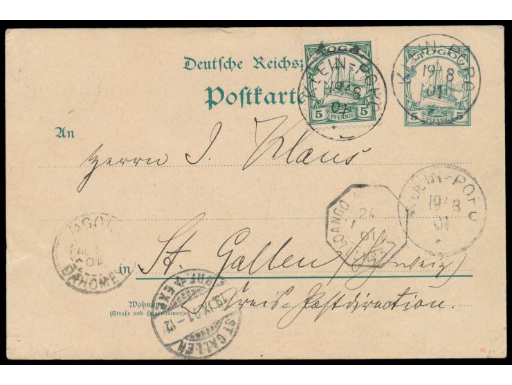 Ganzsache 5 Pf. mit Zusatzfrankatur 5 Pf. als Auslandskarte in die Schweiz, Stempel  Klein-Popo  19.8.01, befördert über Daho
