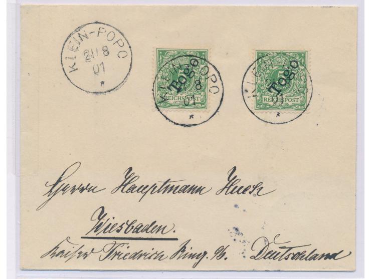 2 x 5 Pf. auf Brief mit Stempel  Klein-Popo  21.8.01 auf Brief an Hauptmann Huch in Wiesbaden, Ankunftstempel 17.9.01, späte 