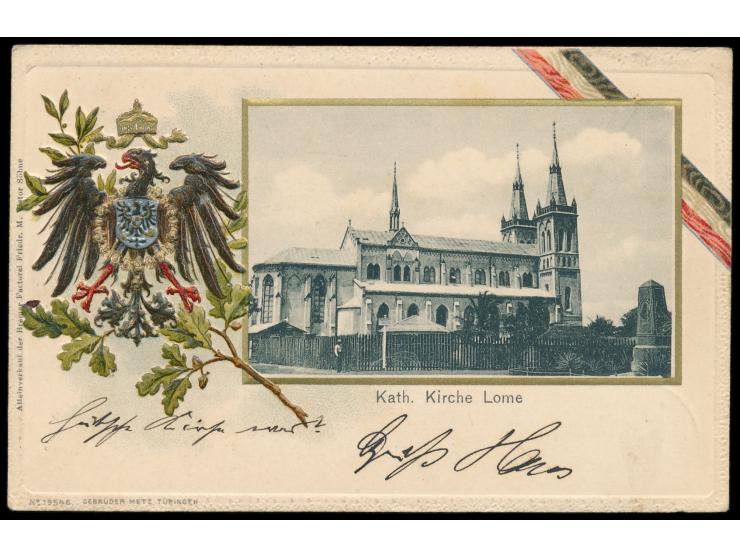 Ansichtskarte mit &nbsp;Prägedruck-Wappen &nbsp;und Bild &nbsp;Kath. Kirche Lome, &nbsp;Verlag Gebrüder Metz, Tübingen, Frank
