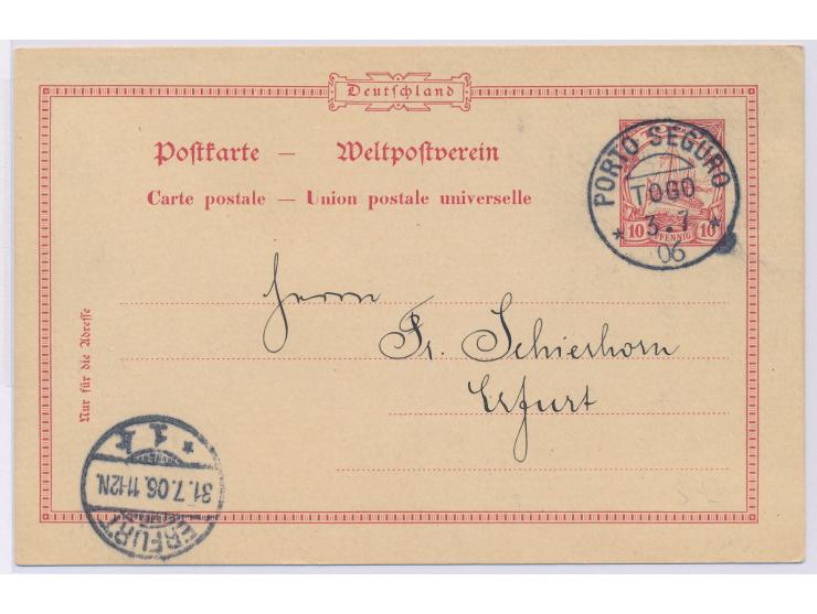 Stempel  Port Seguro  3.7.06, frühes Datum nach Eröffnung der Postagentur (1.7.06), auf Ganzsache 10 Pf. nach Erfurt, Ankunft