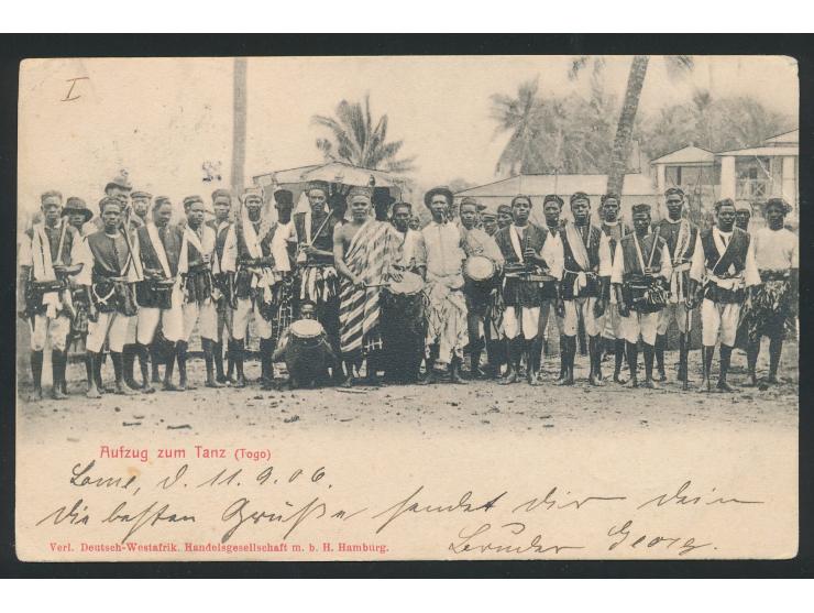 5 Pf. mit  Unterrand  mit Strichelleiste auf Ansichtskarte "Aufzug zum Tanz" nach Schwerin, Stempel  Lome  12.9.06, Ankunftst