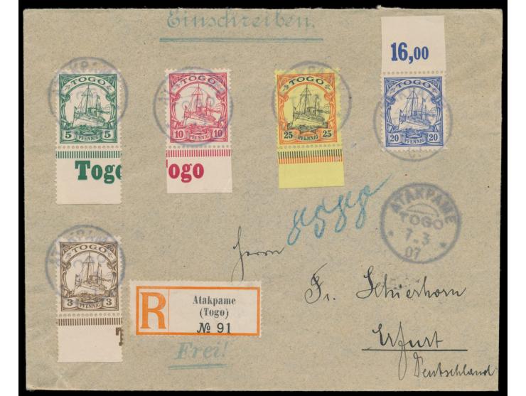 3 Pf. bis 25 Pf. auf  Einschreibbrief  nach Erfurt, jeweils zentrischer Stempel  Atakpame  7.3.07, alle Marken mit anhängende