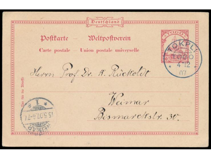 Stempel  Tokpli  4.12.07, schwarzblaue Stempelfarbe, auf 10 Pf.-Ganzsache nach Weimar, Ankunftstempel 15.5.07, rückseitig unb