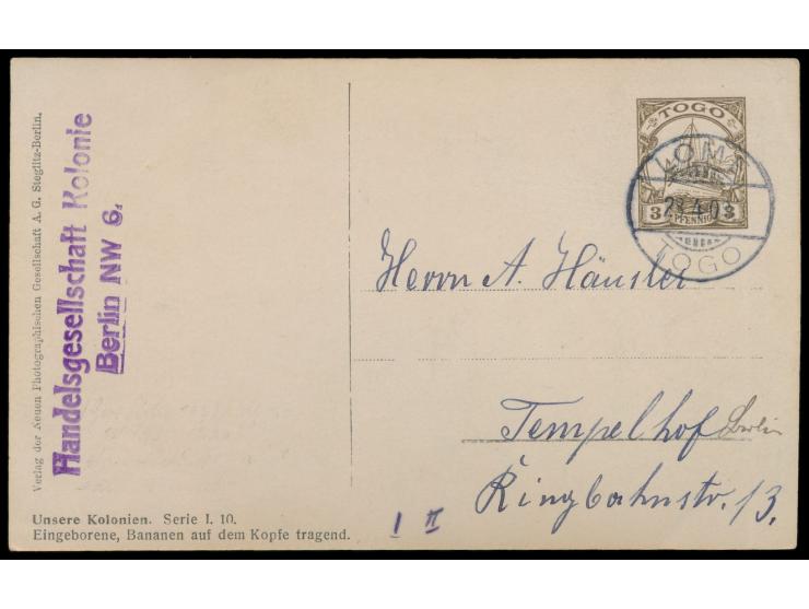 Privatganzsache  3 Pf. mit Bild "Eingeborene, Bananen auf dem Kopfe Tragend", Stempel  Lome  28.4.08, nach Tempelhof, Frech P