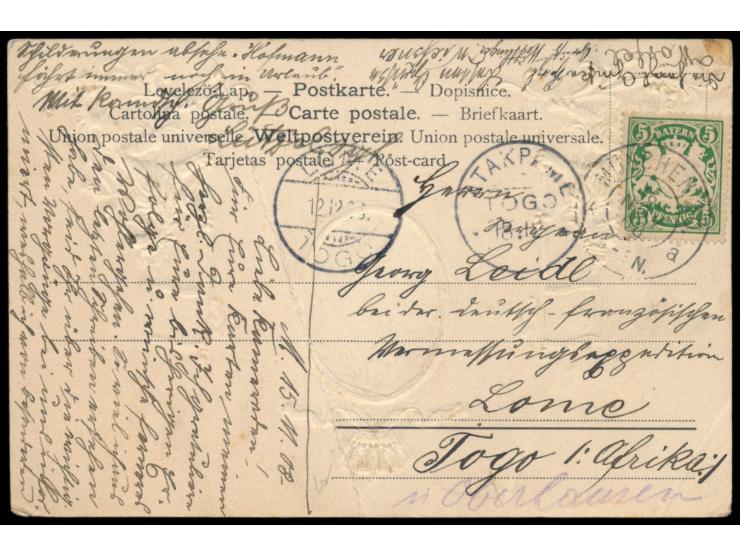 Bayern 5 Pf. auf Postkarte mit Stempel München 16.11.08 an Feldwebel Georg Leidl "die der  deutsch-französischen Vermessungse