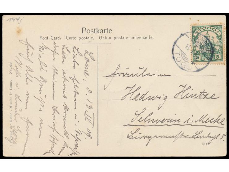 Ansichtskarte  Kpandu - Kathol. Missionsschule,  Verlag der Kathol. Mission in Lome, Frankatur 5 Pf., Gitterstempel  Lome  13