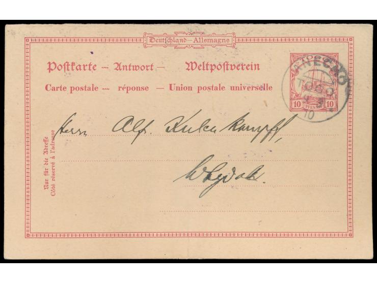 Ganzsachen-Antwortteil 10 Pf. mit Stempel &nbsp;Anecho &nbsp;9.3.10 nach Wydah / Dahomey, rückseitig hektografierter Text der