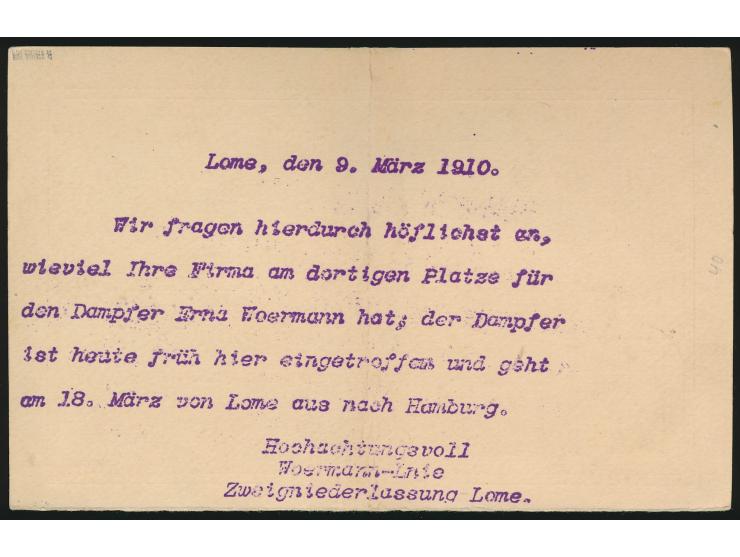 Ganzsachen-Antwortteil 10 Pf. mit Stempel &nbsp;Anecho &nbsp;9.3.10 nach Wydah / Dahomey, rückseitig hektografierter Text der