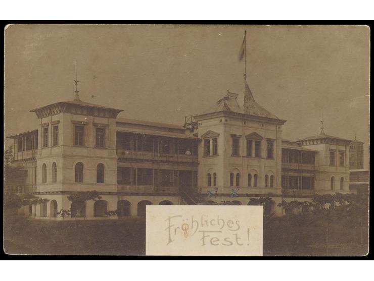 Foto-Ansichtskarte  Gouvernements-Gebäude  mit Zusatz "Fröhliches Fest", seltene Privataufnahme, Frankatur 5 Pf., Gitterstemp