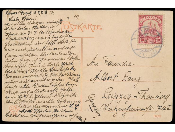 10 Pf. auf Ansichtskarte "Blick auf die Rheede" von Lome, Gitterstempel  Lome  2.7.10, nach Leipzig, rückseitig Absenderangab