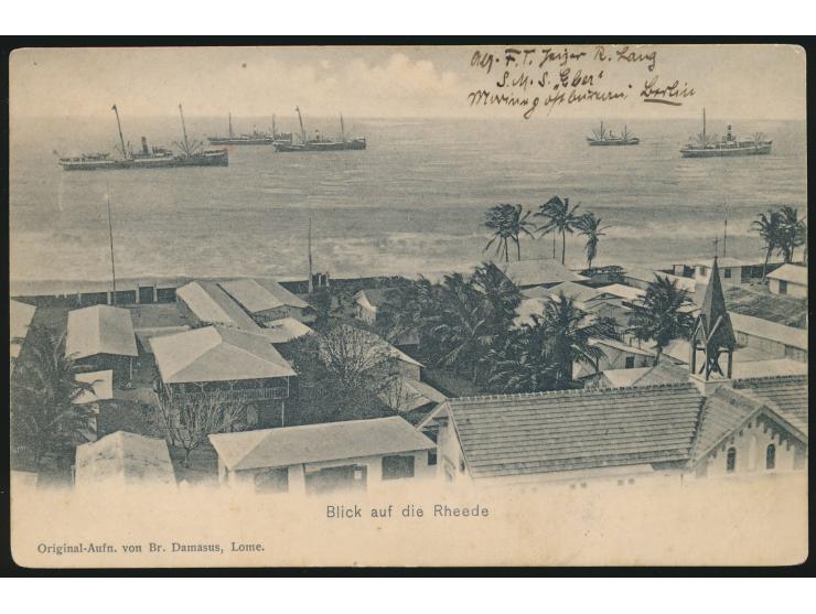 10 Pf. auf Ansichtskarte "Blick auf die Rheede" von Lome, Gitterstempel  Lome  2.7.10, nach Leipzig, rückseitig Absenderangab