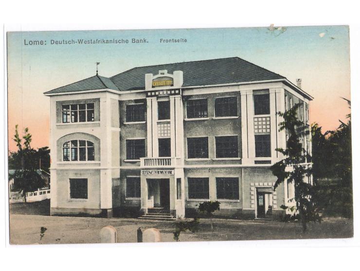 kolorierte Ansichtskarte &nbsp;Lome - Deutsch-Westafrikanische Bank. Frontseite, &nbsp;ohne Verlagangabe, ungebraucht, ca. 19