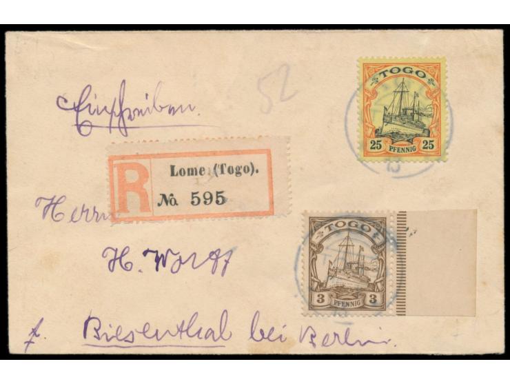2 x seltener Stempel  Agu  25.1.13 auf  Einschreibbrief  mit 3 Pf. und 25 Pf. nach Biesenthal,  Aushilfs-R-Zettel  "Lome (Tog