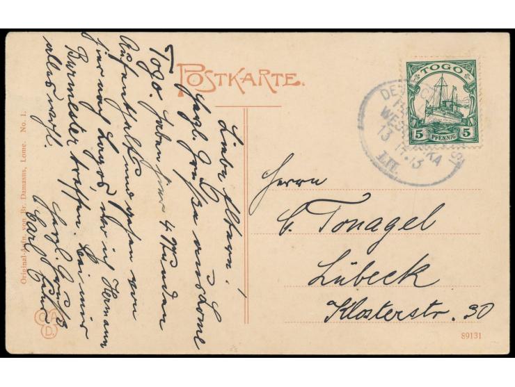 Stempel Deutsche Seepost  Linie Hamburg - Westafrika LII.  13.11.13,  Professor Woermann III,  auf Ansichtskarte "Schweinfurt