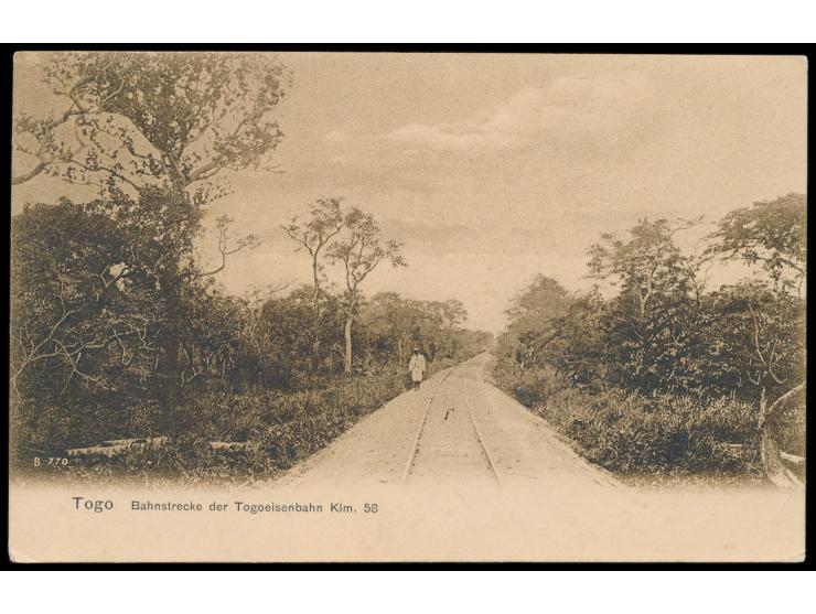 Ansichtskarte  Bahnstrecke der Togoeisenbahn Klm. 58,  Verlag Carl Müller, Altenburg, Frankatur 5 Pf., Gitterstempel  Lome  1