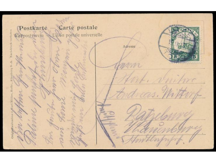 Ansichtskarte  Bahnstrecke der Togoeisenbahn Klm. 58,  Verlag Carl Müller, Altenburg, Frankatur 5 Pf., Gitterstempel  Lome  1