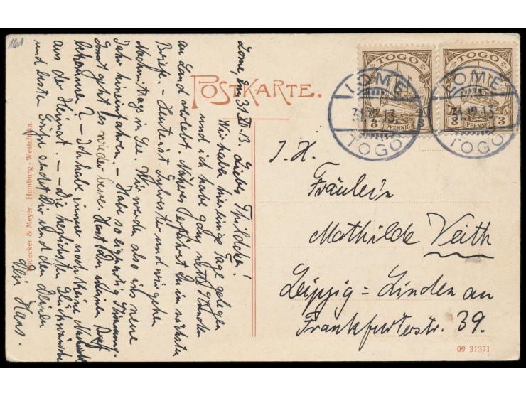 2 x 3 Pf. auf Ansichtskarte Misahöhe - Kameschlucht, Verlag Bödecker &amp; Meyer, Hamburg, Gitterstempel  Lome  31.12.13, nac