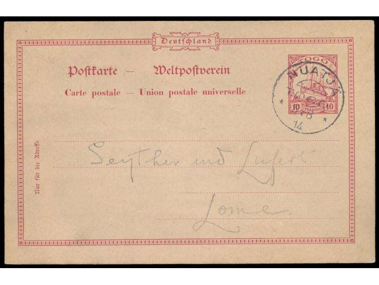 Stempel  Nuatjä  5.8.14 auf Ganzsache 10 Pf. mit nachträglicher Bleistift-Beschriftung, seltenes  Kriegsdatum
