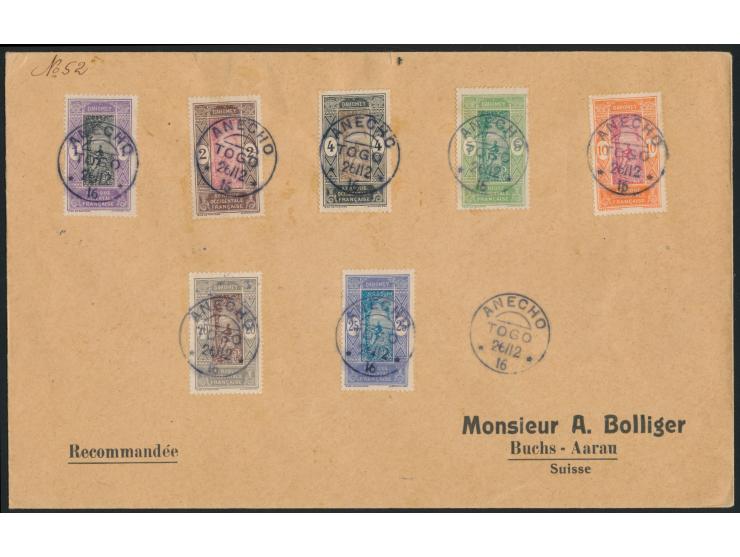 Französische Besetzung,  5 Werte 1 Ct. bis 25 Ct. von  Dahomey  auf großformatigem Einschreibbrief in die Schweiz, deutscher 
