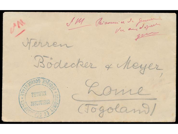 Brief aus dem  Kriegsgefangenenlager Gaya am Niger  nach Lome, handschriftlicher Lager-Zensurvermerk in rot, blaues Dienstsie