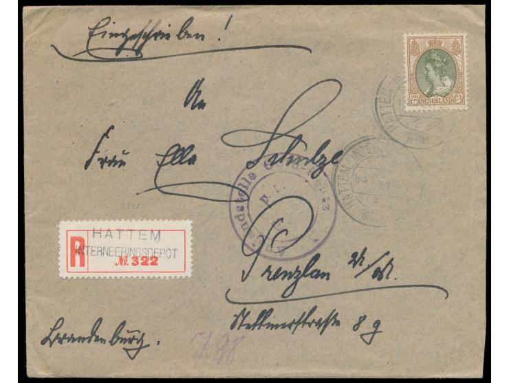 Niederlande  22 1/2 C. auf  Einschreibbrief  mit Stempel  Hattem-Interneeringsdepot  14.9.18 nach Deutschland, Blanko-R-Zette