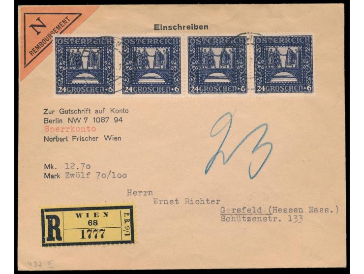 24 g Nibelungensage als waagerechter Viererstreifen auf  Nachnahme-Rekobrief  über 20 g nach Deutschland, Stempel Wien 15.10.