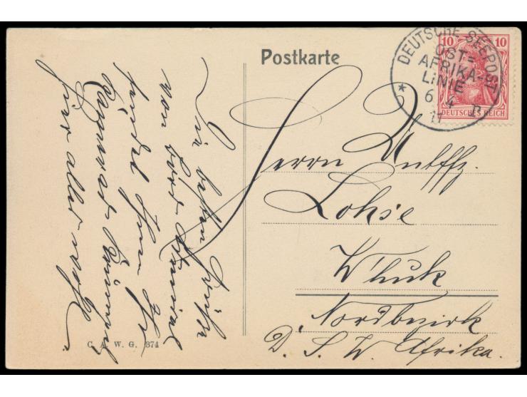 Ostafrika-Linie,  Lot von 4 Ansichtskarten mit sauberen Abschlägen: UB q (16.4.14), r (11.9.09, 6.4.11 nach DSWA adressiert),