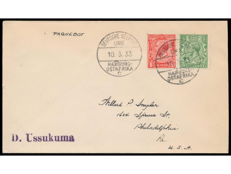 Linie Hamburg - Ostafrika,  Lot von 10 Belegen mit verschiedenen Seepoststempeln: Ovalstempel Deutsche Seepost  Ost-Afrika-Li