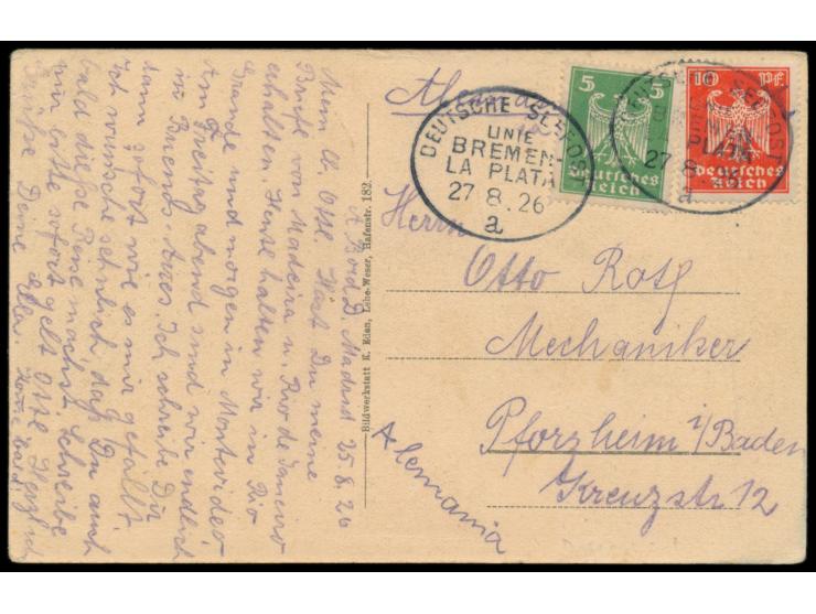 Linie Bremen - La Plata,  Lot von 10 Belegen, unterschiedliche Unterscheidungsbuchstaben: UB a (27.8.26), b (13.11.24, 6.8.33