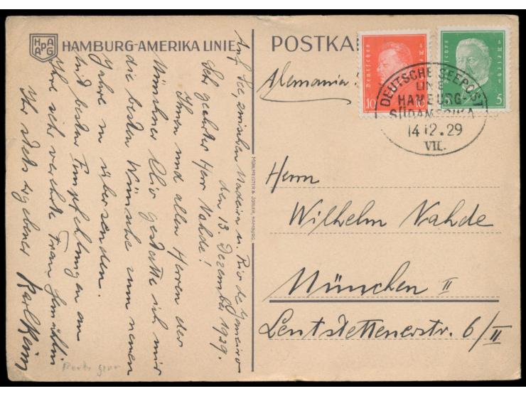 Linie Hamburg - Südamerika:  Lot von 9 Belegen mit sauberen Stempelabschlägen: I. (10.10.99), IV. (3.10.06), VII. (14.12.29),