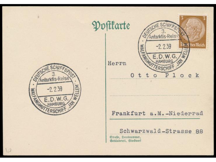 1939: 5 Stempel-Beschaffungskarten mit 3 Pf.-Frankaturen nach Frankfurt, alles verschiedene Stempel von Walfangschiffen: Walf