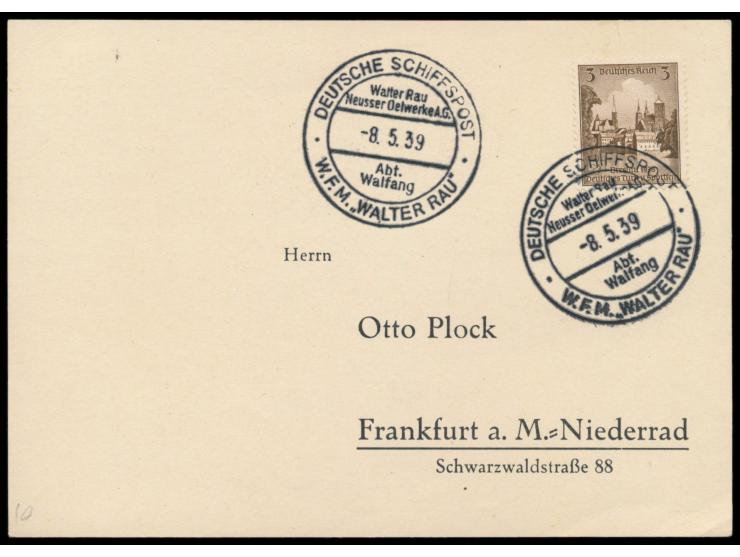 1939: 5 Stempel-Beschaffungskarten mit 3 Pf.-Frankaturen nach Frankfurt, alles verschiedene Stempel von Walfangschiffen: Walf