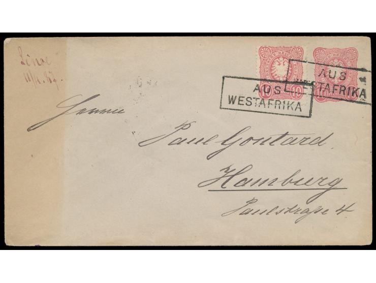 Dt. Reich-Ganzsachenumschlag 10 Pf.  mit Zusatzfrankatur 10 Pf. nach Hamburg, links oben handschriftlicher Aufgabevermerk  "S