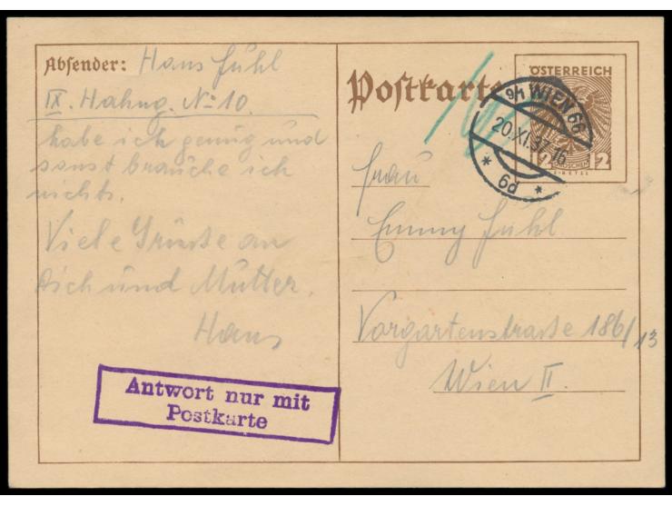 Polizeigefängnis Rossauer Lände,  Inhaftierungsort für politische Gefangene :  Ganzsache 12 g mit Stempel 9/1 Wien 66 20.11.3