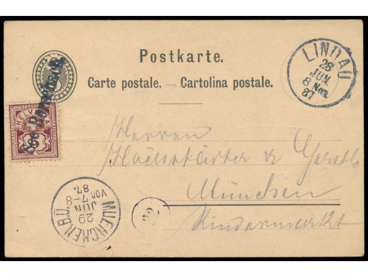 Bodensee-Schiffspost:  Schweiz-Ganzsache 5 Rp. mit Zusatzfrankatur 5 Rp. aus Rorschach nach München, Stempel  Lindau  28.6.87
