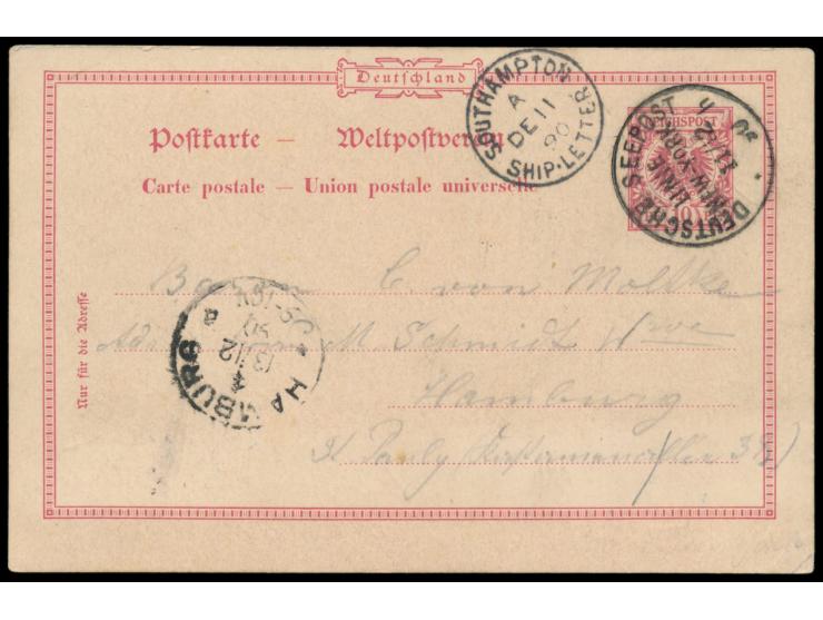 Stempel Deutsche Seepost  Linie New York h  11.12.90,  Dampfer Lahn,  auf Ganzsache 10 Pf. nach Hamburg, Durchgangstempel Sou