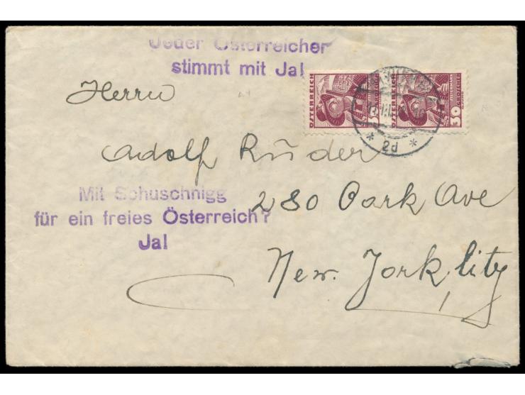 2 x Volkstrachten 30 g auf  Auslandsbrief  nach New York, Stempel  Wien  11.3.38,  Letzttag der 1. Republik,  violetter L3 "M
