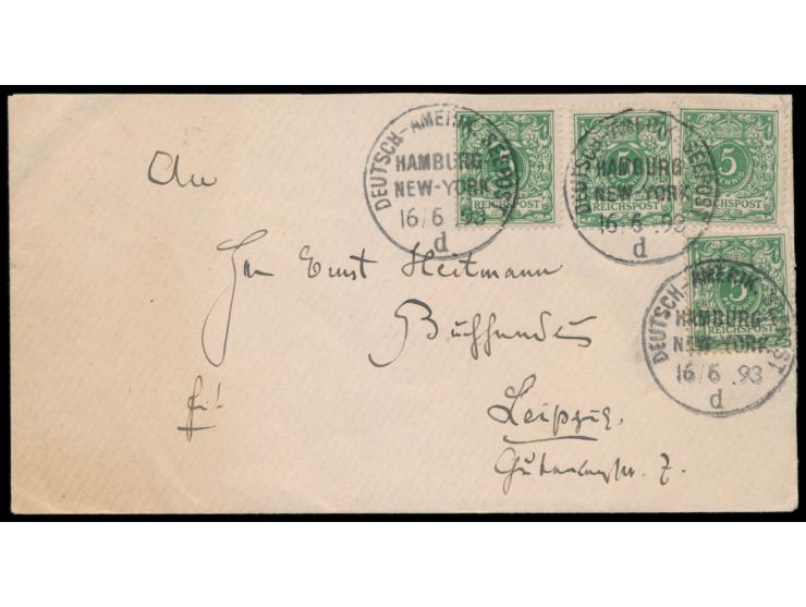 Stempel  Deutsch-Amerik. Seepost Hamburg - New York d  16.6.93 auf Brief Pf. nach Leipzig, ungewöhnlich frankiert mit 4 x 5 P