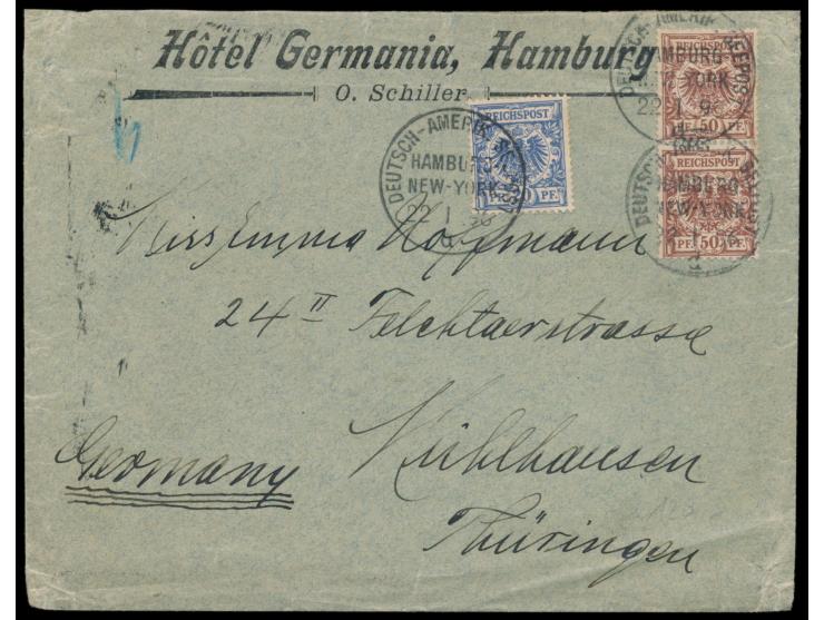 Stempel  Deutsch-Amerik. Seepost Hamburg - New York d  22.1.96 auf Briefumschlag "Hotel Germania, Hamburg" mit 20 Pf. und 2 x