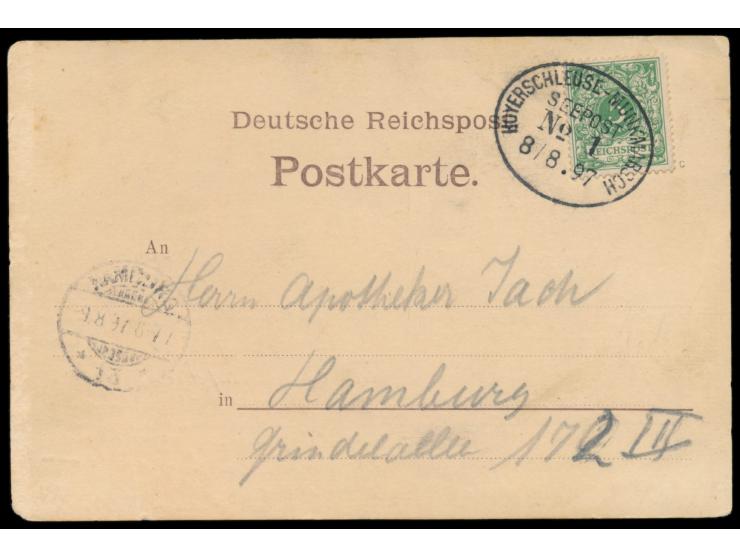 Ovalstempel  Hoyerschleuse - Munkmarsch Seepost No. 1  8.8.97 auf Ansichtskarten-Vorläufer "Gruss aus der Baumannshöhle, Nord