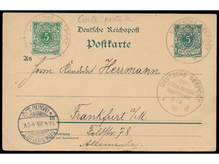 Stempel Deutsche Seepost  Ostafrikanische Hauptlinie d  5.4.98,  Dampfer Kaiser  in Port Said, 3 Abschläge auf Ganzsache 5 Pf