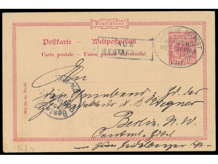 Stempel Deutsche Seepost  Linie Hamburg - Westafrika VIII.  14.4.98,  Dampfer Melita Bohlen,  auf besserer Dt. Reich-Ganzsach