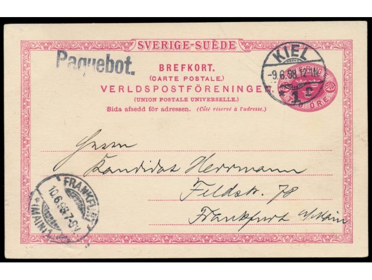 Schweden-Ganzsache  10 Öre mit Stempel  Kiel 1  9.6.98 und L1  Paquebot,  geschrieben in Göteborg, Ankunftstempel Frankfurt (