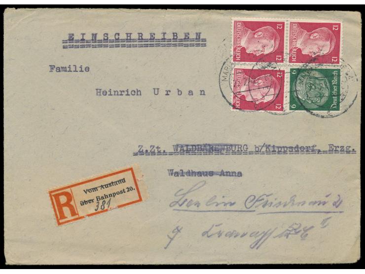 Dt. Reich 6 Pf. und 3 x 12 Pf. auf Einschreibbrief  Mariazell (Steierm.)  22.2.42 nach Waldenburg bei Kipsdorf und nachgesand