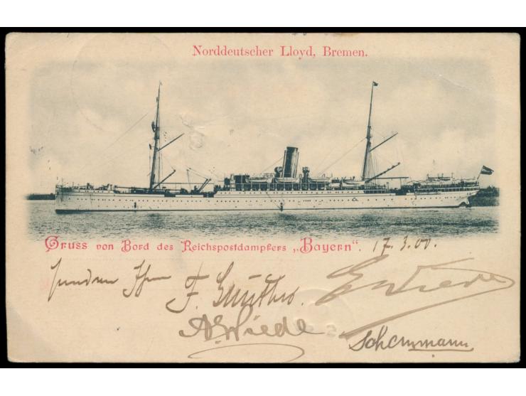 Stempel Deutsche Seepost  Ost-Asiatische Hauptlinie g  18.3.00, Dampfer Bayern, auf AK des Dampfers an Generalkonsul P. Merti