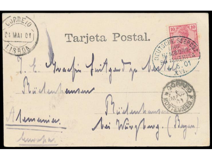 schwarzblauer Stempel Deutsche Seepost  Linie Hamburg - Südamerika XVI.  4.5.01,  Dampfer Cap Verde,  auf Ansichtskarte  Mont