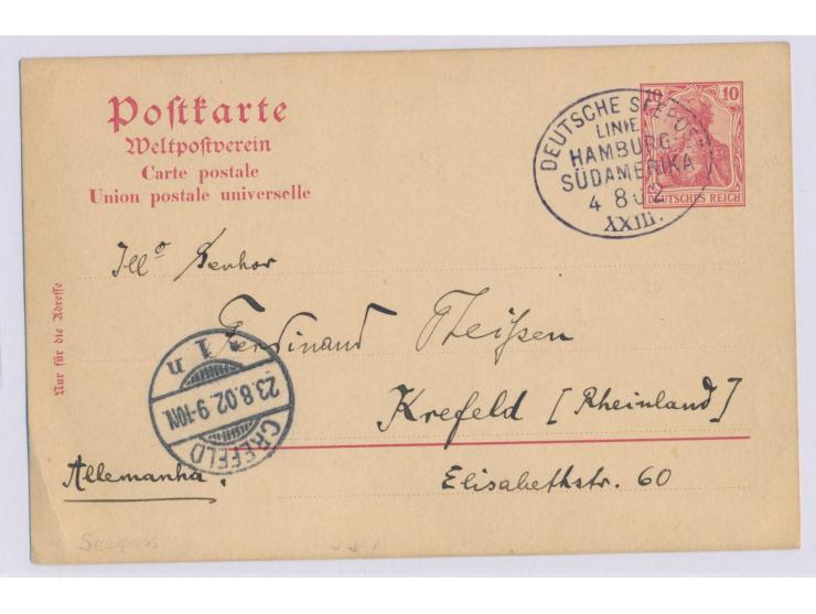 Stempel Deutsche Seepost  Linie Hamburg - Südamerika XXIII.  4.8.02 auf Ganzsache 10 Pf. nach Krefeld, langer Bedarfstext, ge