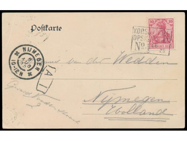 Rahmenstempel  Korsör - Kiel / DPSK. Postkt. / No. 4   5.8.auf Ansichtskarte "Gruss vom Postdampfer Kiel - Korsör", Frankatur